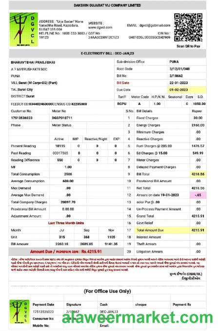 INDIA DGVCL utility bill Word and PDF template